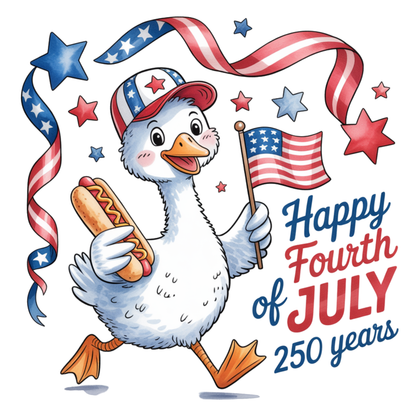 Cartoon duck holding an American flag and a hot dog, with 'Happy Fourth of July 250 years' text on a white background.