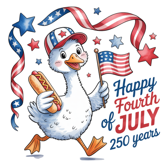 Cartoon duck holding an American flag and a hot dog, with 'Happy Fourth of July 250 years' text on a white background.