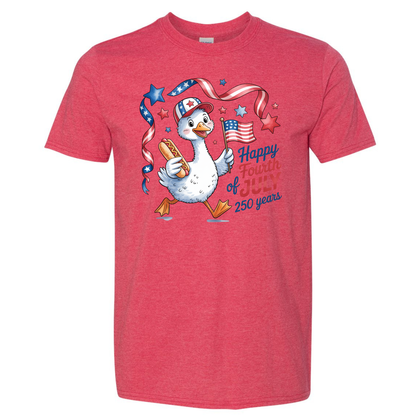 Red t-shirt with a cartoon duck holding an American flag and a hot dog, celebrating the Fourth of July.