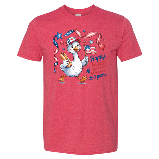 Red t-shirt with a cartoon duck holding an American flag and a hot dog, celebrating the Fourth of July.