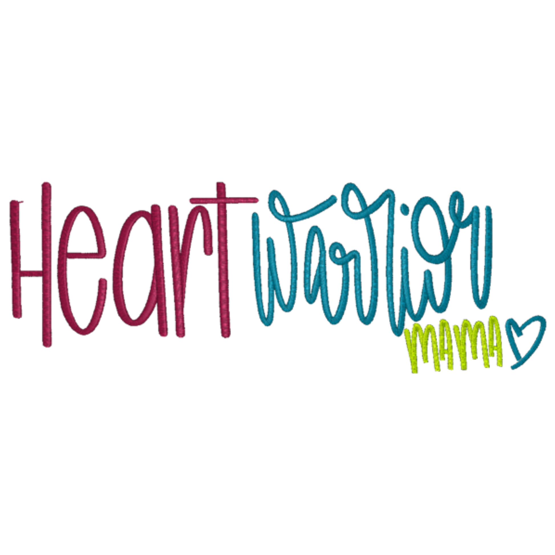Colorful text 'Heart Warrior Mama' with a heart symbol on a white background