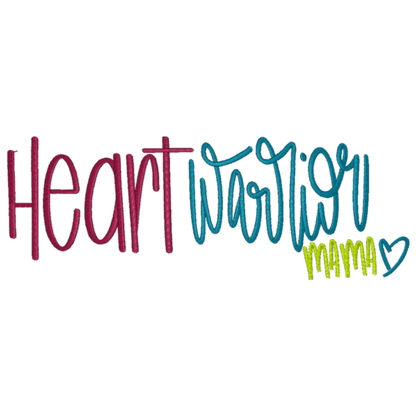 Colorful text 'Heart Warrior Mama' with a heart symbol on a white background