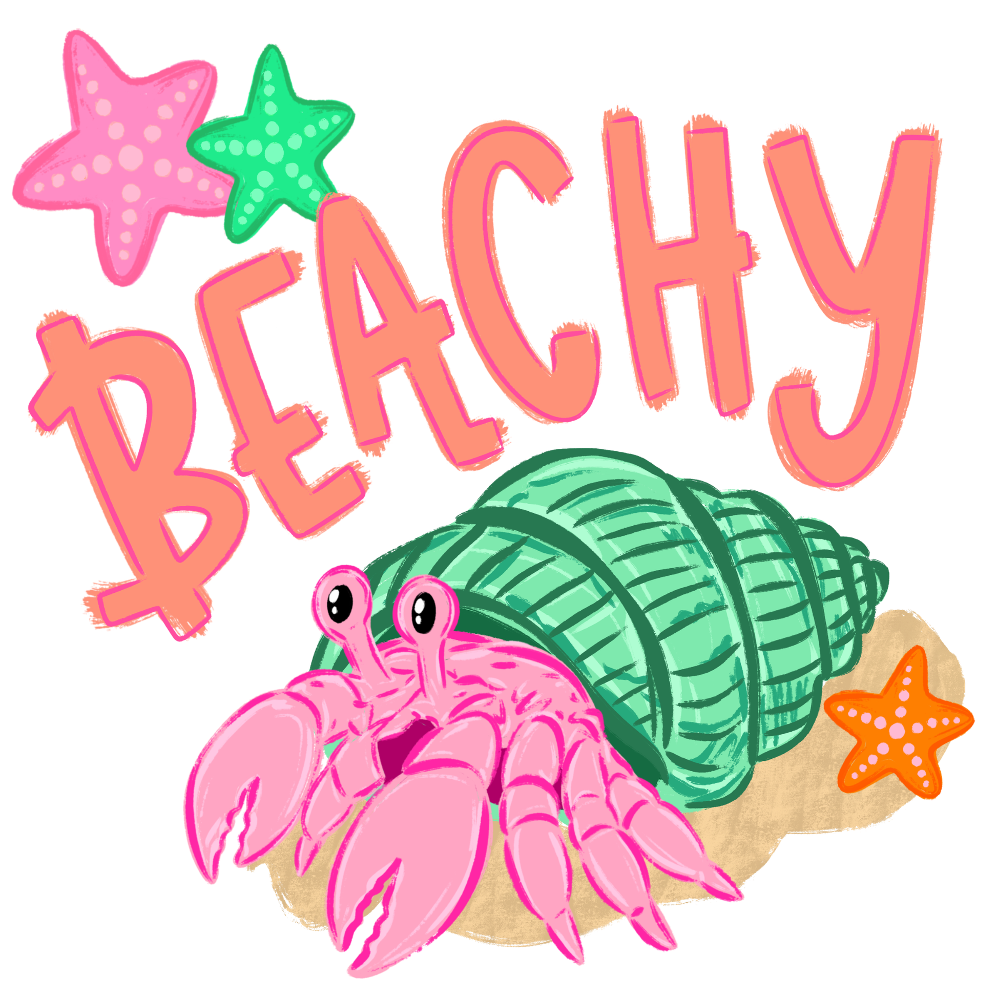 Colorful illustration of a hermit crab, shell, and starfish with 'BEACHY' text on a white background.