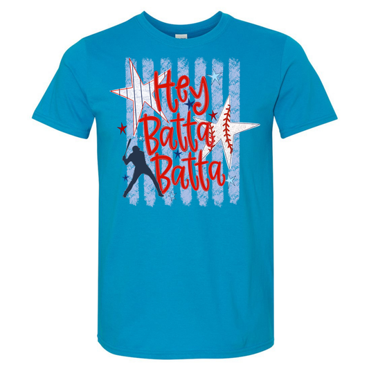 Blue t-shirt with 'Hey Batta Batta' text and baseball graphics on a white background