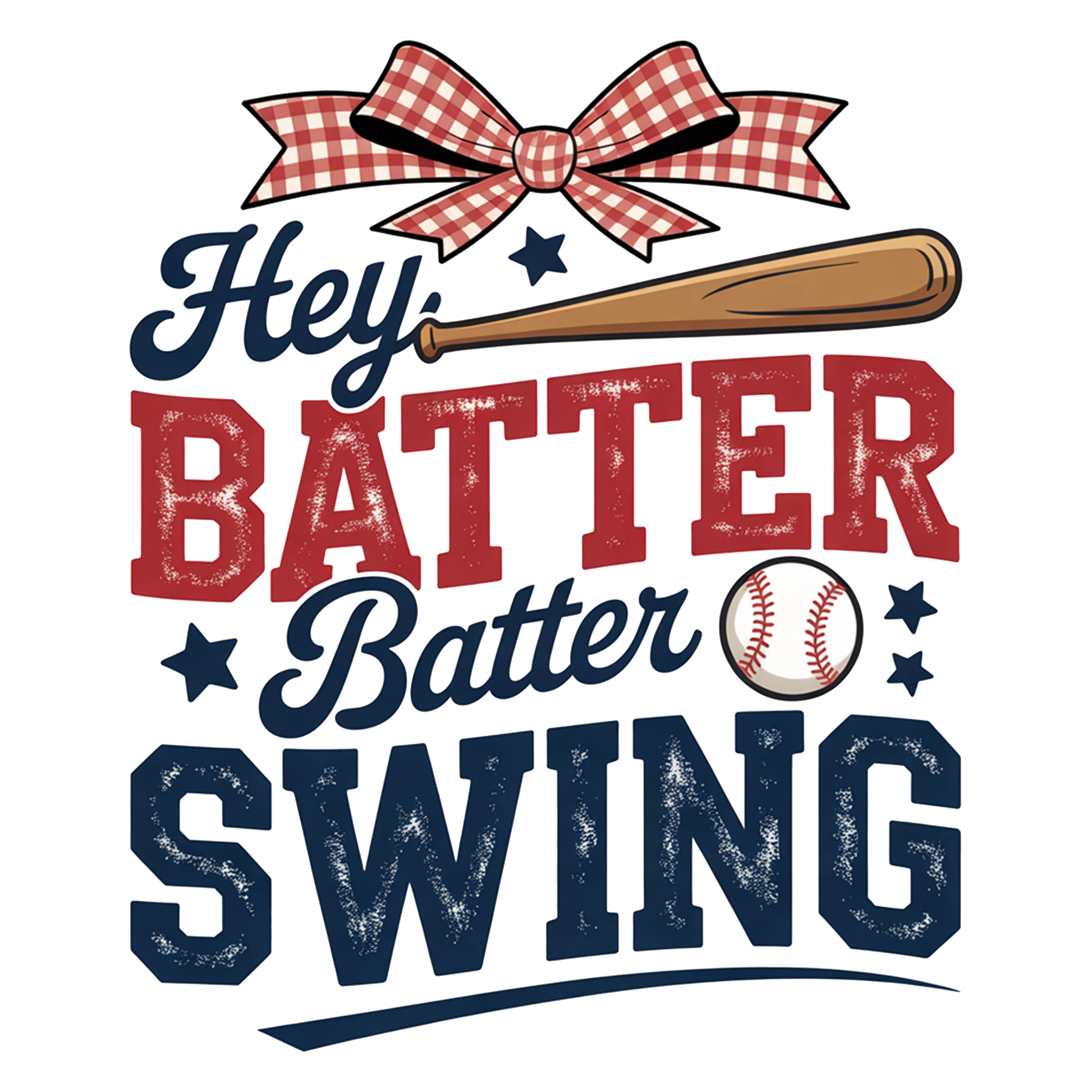 Vintage-style graphic with 'Hey Batter Batter Swing' text, baseball bat, and ball on a white background.