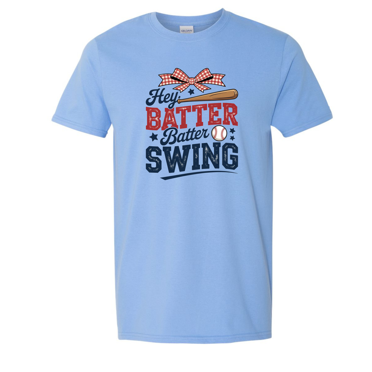 Light blue t-shirt with 'Hey Batter Batter Swing' graphic design on a white background