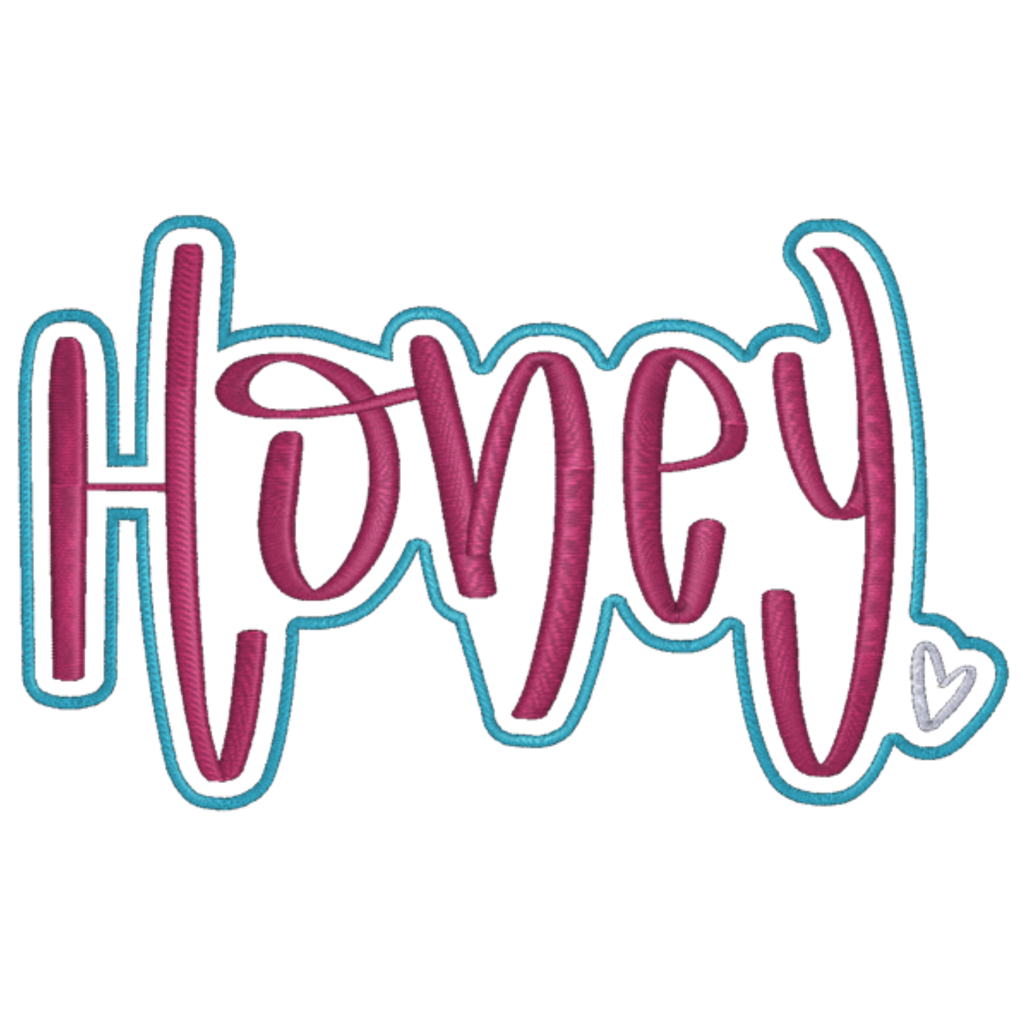The word 'Honey' in a stylized font with pink letters and a blue outline on a white background.