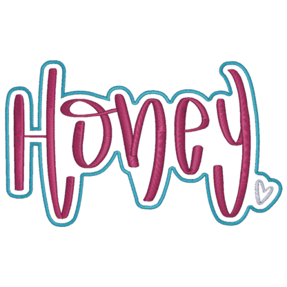 The word 'Honey' in a stylized font with pink letters and a blue outline on a white background.