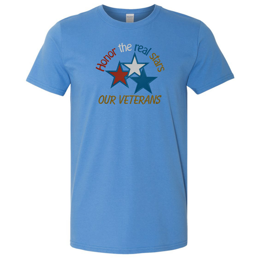 Blue t-shirt with star design and text 'Honor the real stars, Our Veterans' on a white background