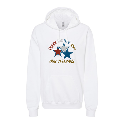 a white hoodie with an embroidered design with 3 stars and text honor the real stars our veterans in red white blue and gold