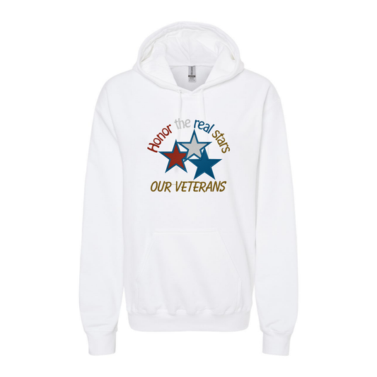 a white hoodie with an embroidered design with 3 stars and text honor the real stars our veterans in red white blue and gold