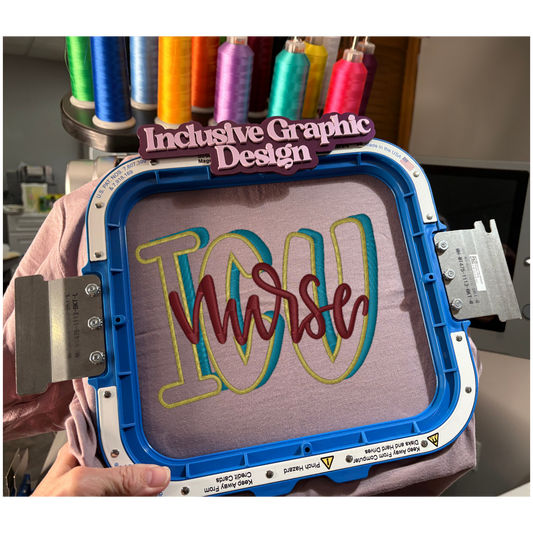 Embroidery hoop with 'Nurse' text in colorful letters, held by a person with spools of thread in the background.
