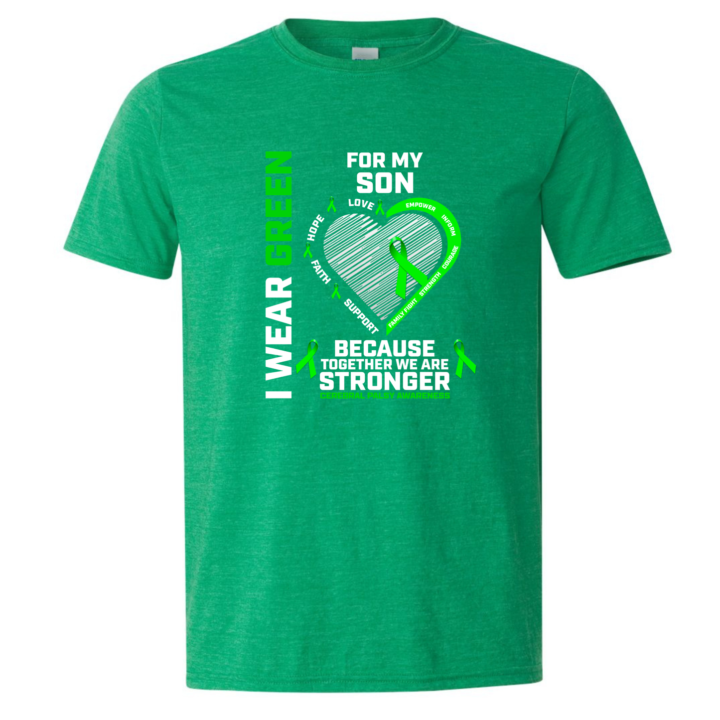 Green t-shirt with a heart design and text on a white background