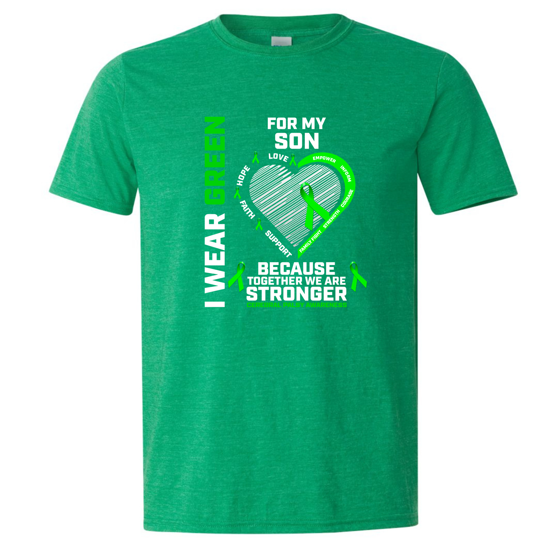 Green t-shirt with a heart design and text on a white background