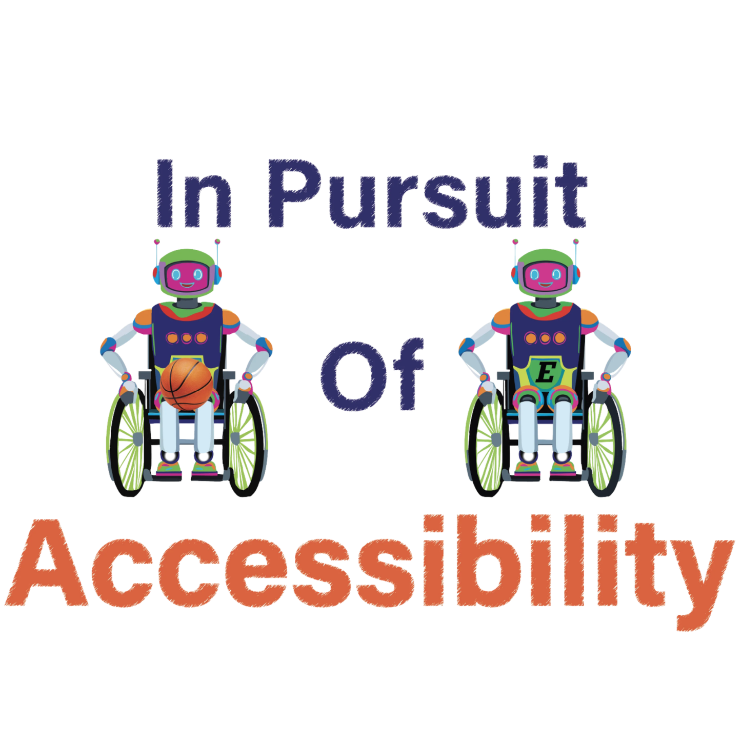 Logo with two robots in wheelchairs and the text 'In Pursuit of Accessibility' on a white background.