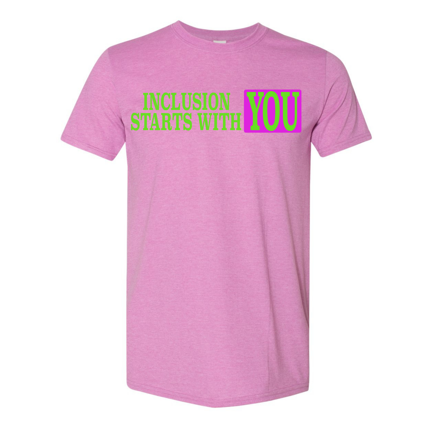 Pink t-shirt with 'Inclusion Starts with You' text in green and purple on a white background