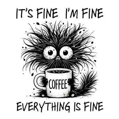 Illustration of a fluffy creature holding a coffee mug with text 'It's fine, I'm fine, everything is fine' on a white background.