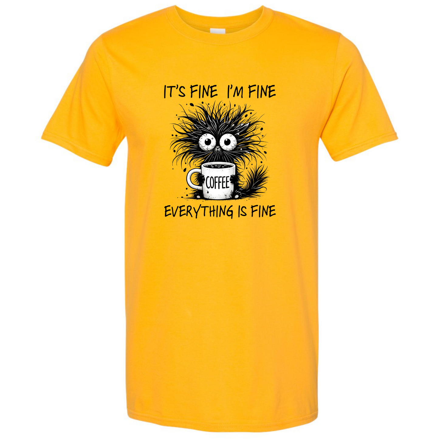 Yellow t-shirt with a cartoon character holding a coffee cup and text on a white background