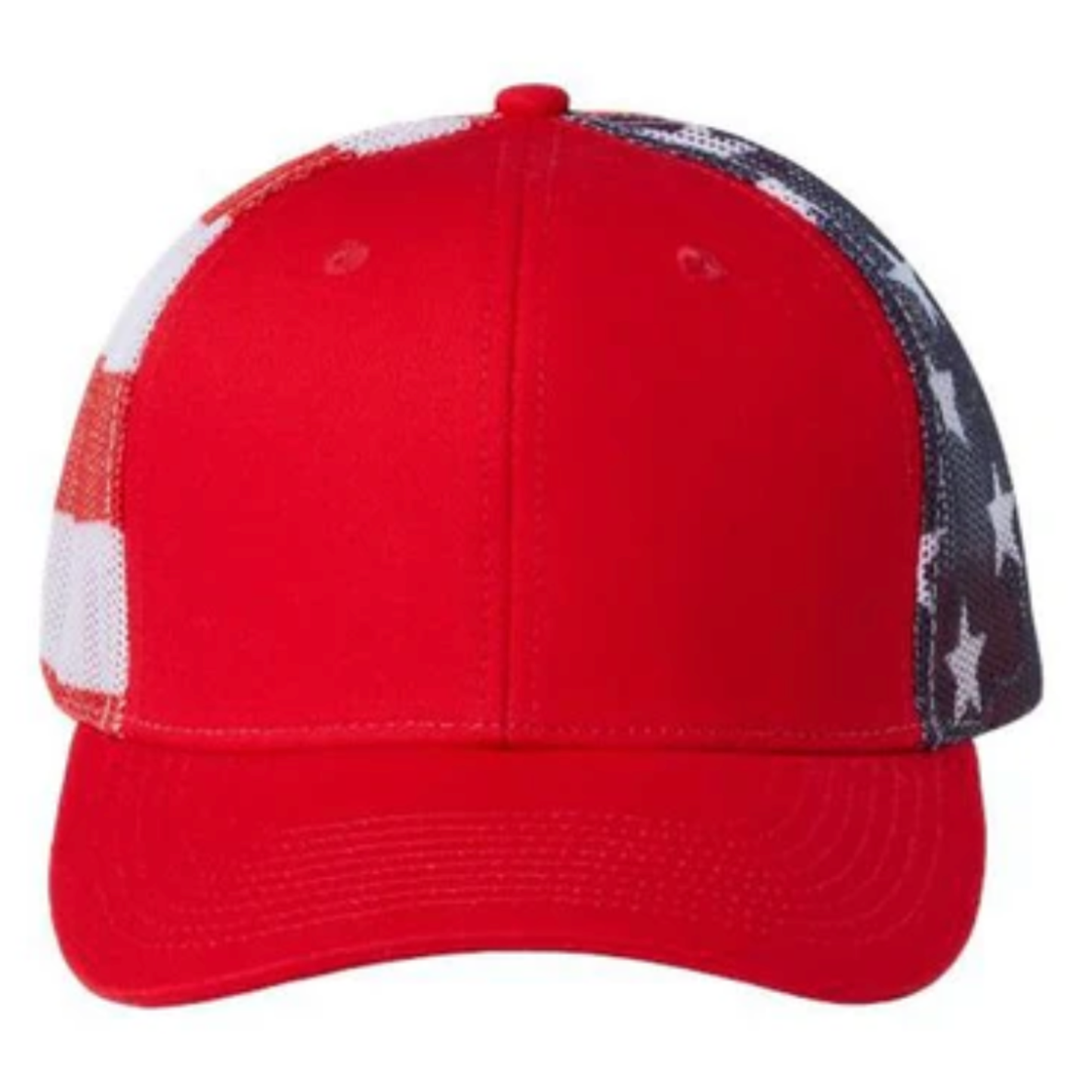 Red cap with american flag printed mesh back on a white background