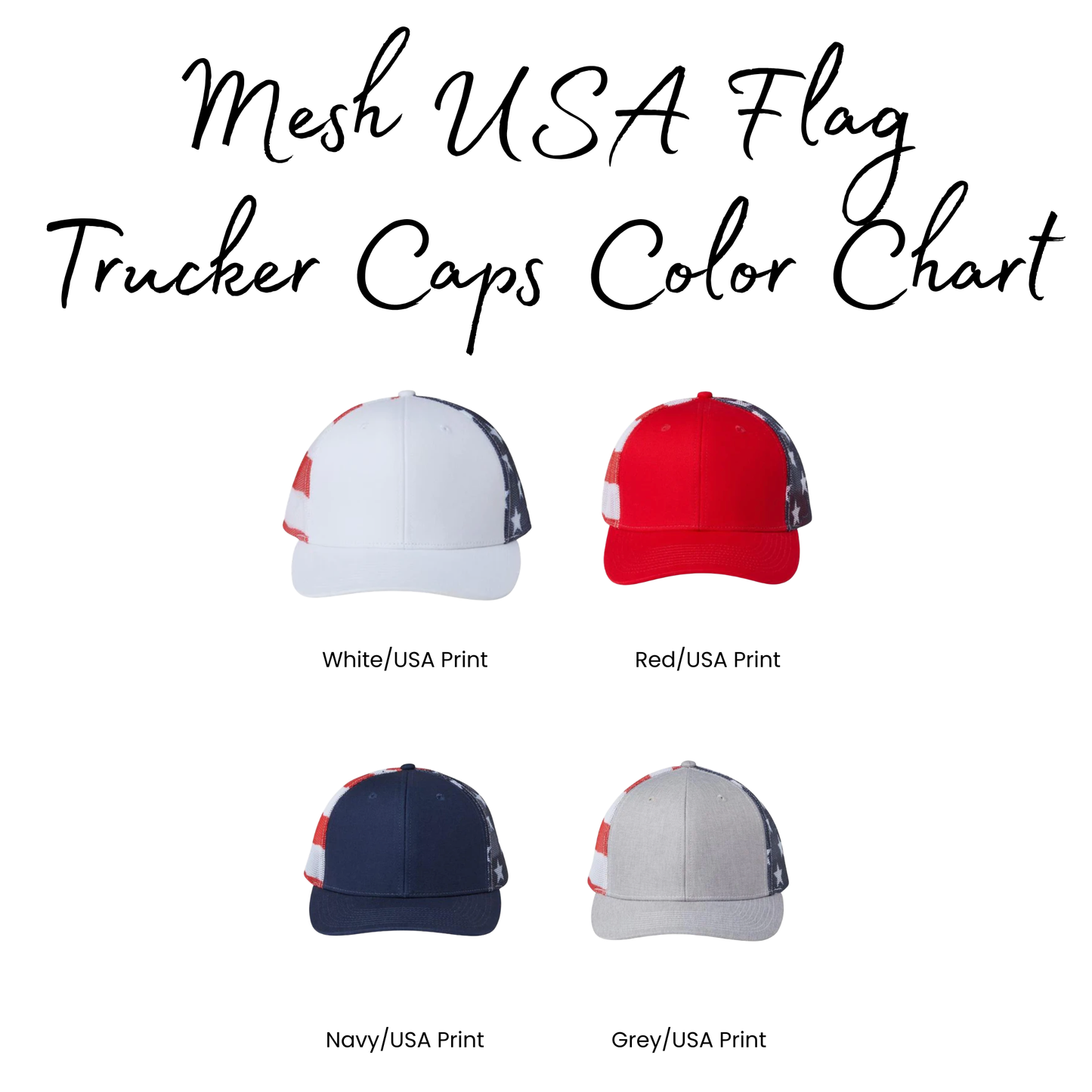 Color chart for Mesh USA Flag Trucker Caps with four cap designs.