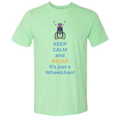 Light green t-shirt with a colorful design and text on a white background