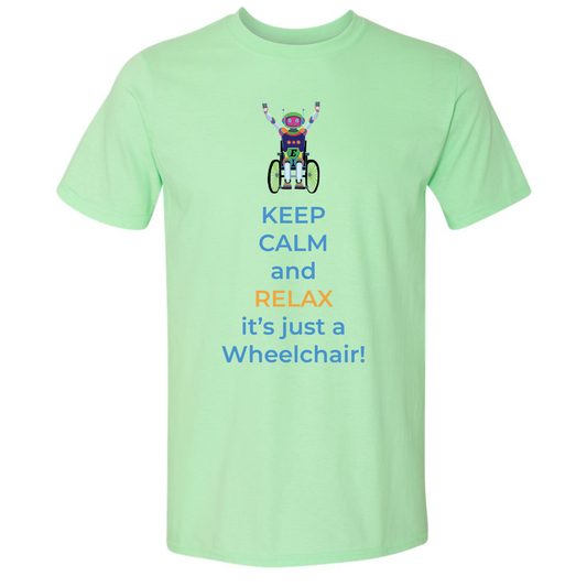 Light green t-shirt with a colorful design and text on a white background
