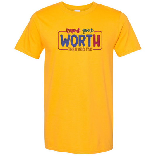 Yellow t-shirt with motivational text design on a white background