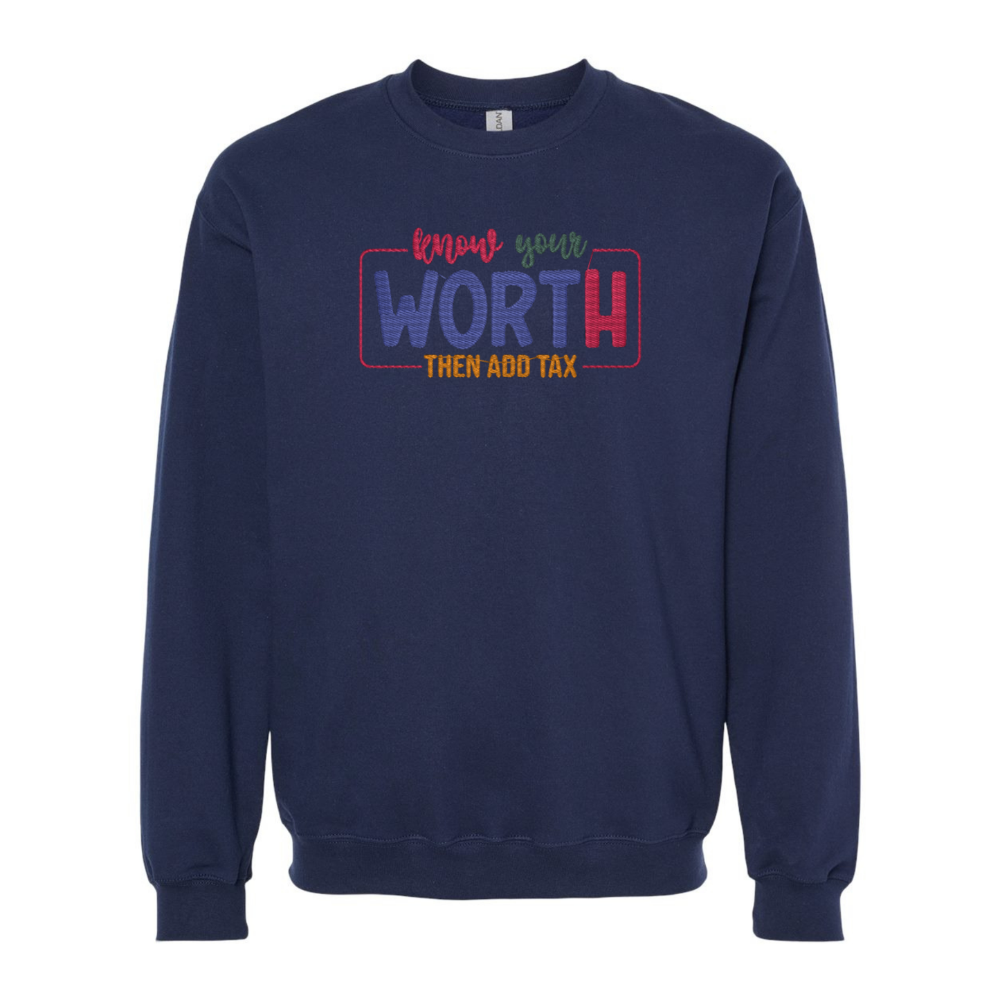 Navy blue sweatshirt with colorful text on a white background