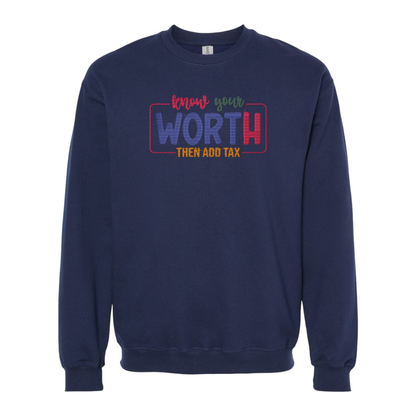 Navy blue sweatshirt with colorful text on a white background
