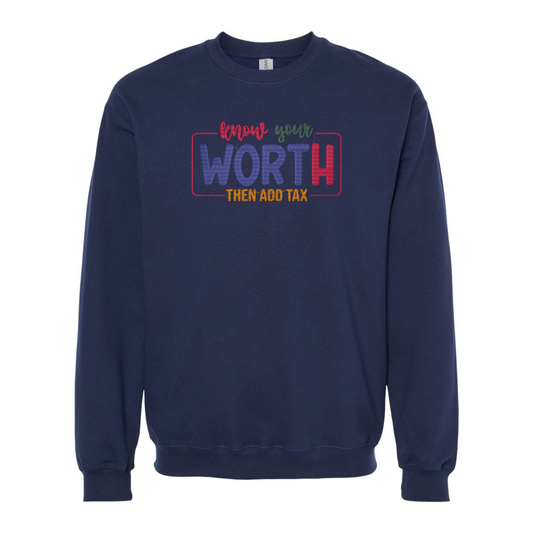Navy blue sweatshirt with colorful text on a white background