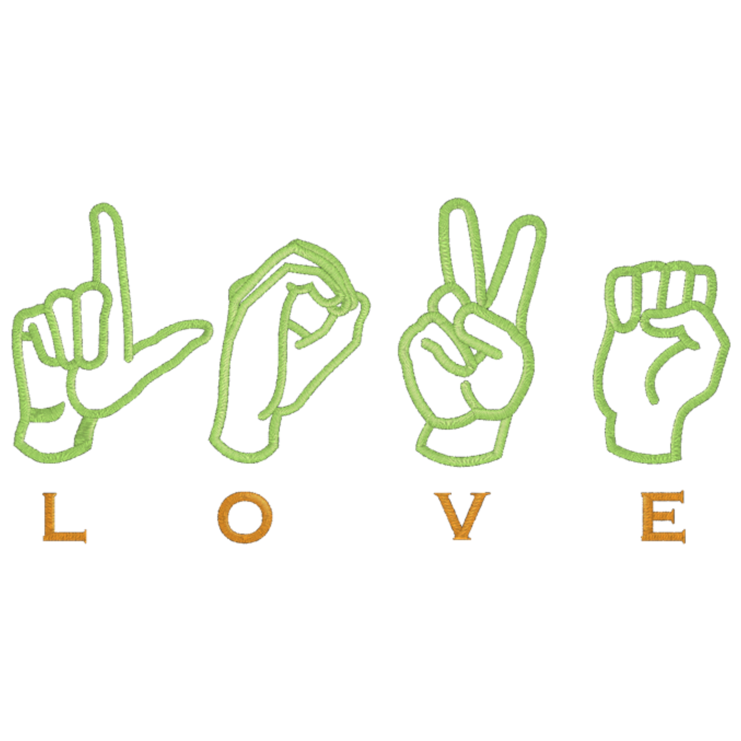 Four hand signs forming the word 'LOVE' with green outlines on a white background.