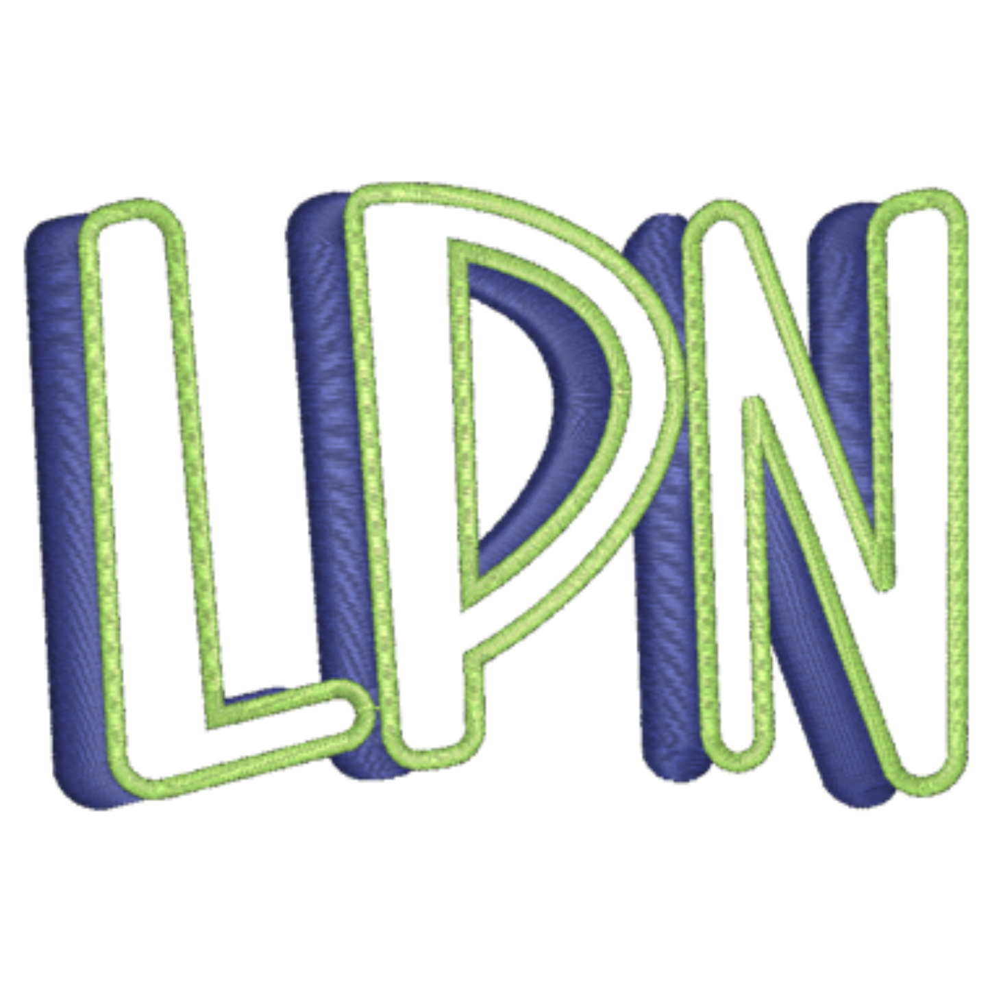 Embroidered letters 'LPN' with green outline on a white background