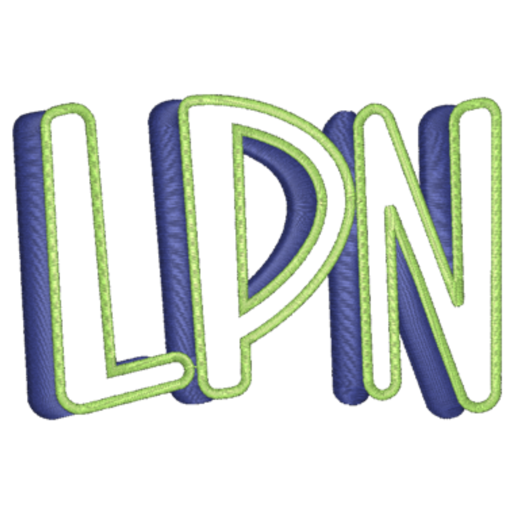 Embroidered letters 'LPN' with green outline on a white background