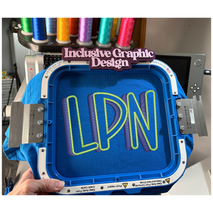 Blue plastic tray with 'LPN' printed on it, held by a person, with colorful spools of thread in the background.