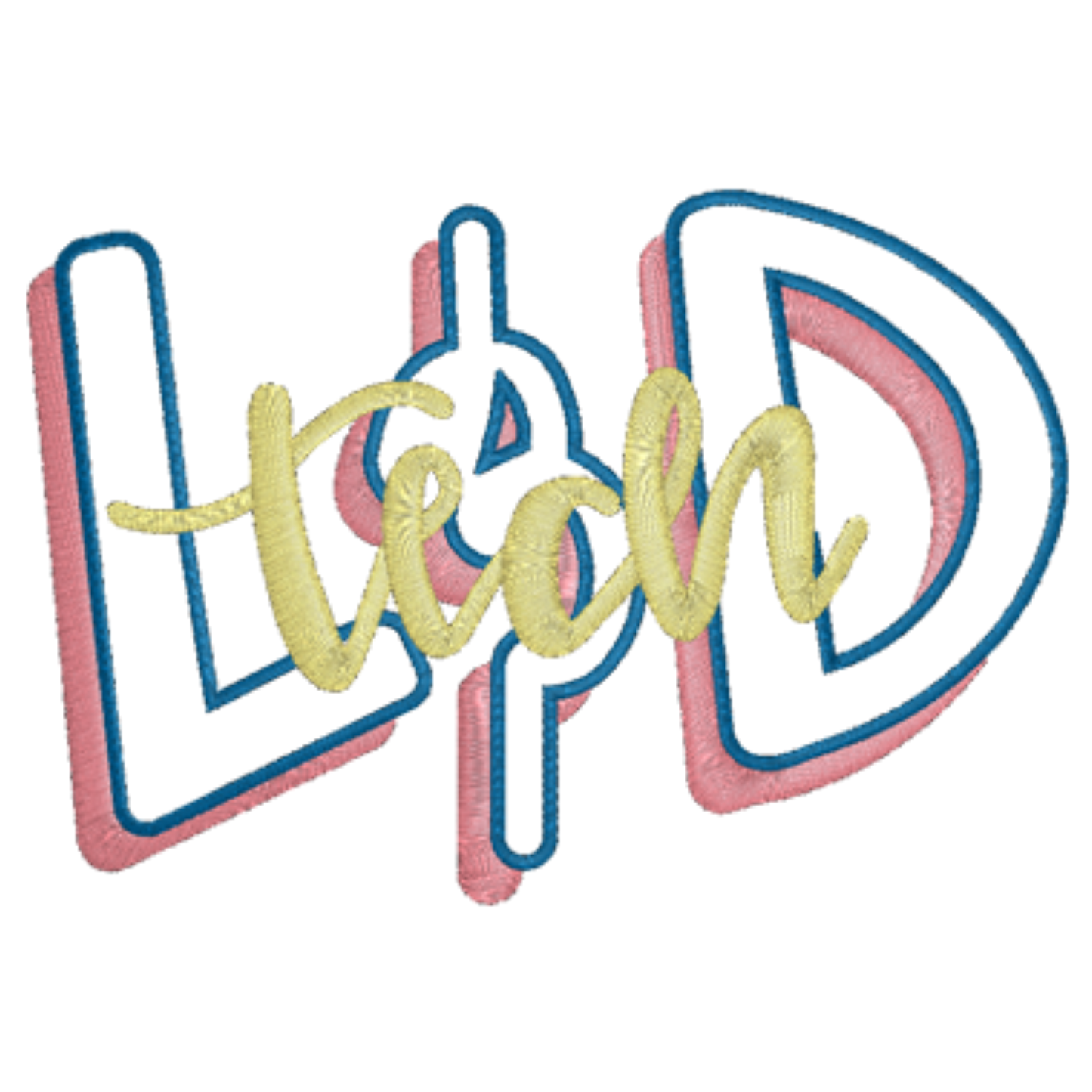 Embroidered design with the word L&D Tech in colorful letters on a white background