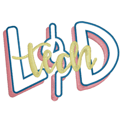 Embroidered design with the word L&D Tech in colorful letters on a white background