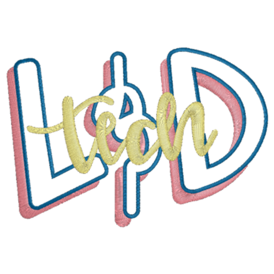 Embroidered design with the word L&D Tech in colorful letters on a white background