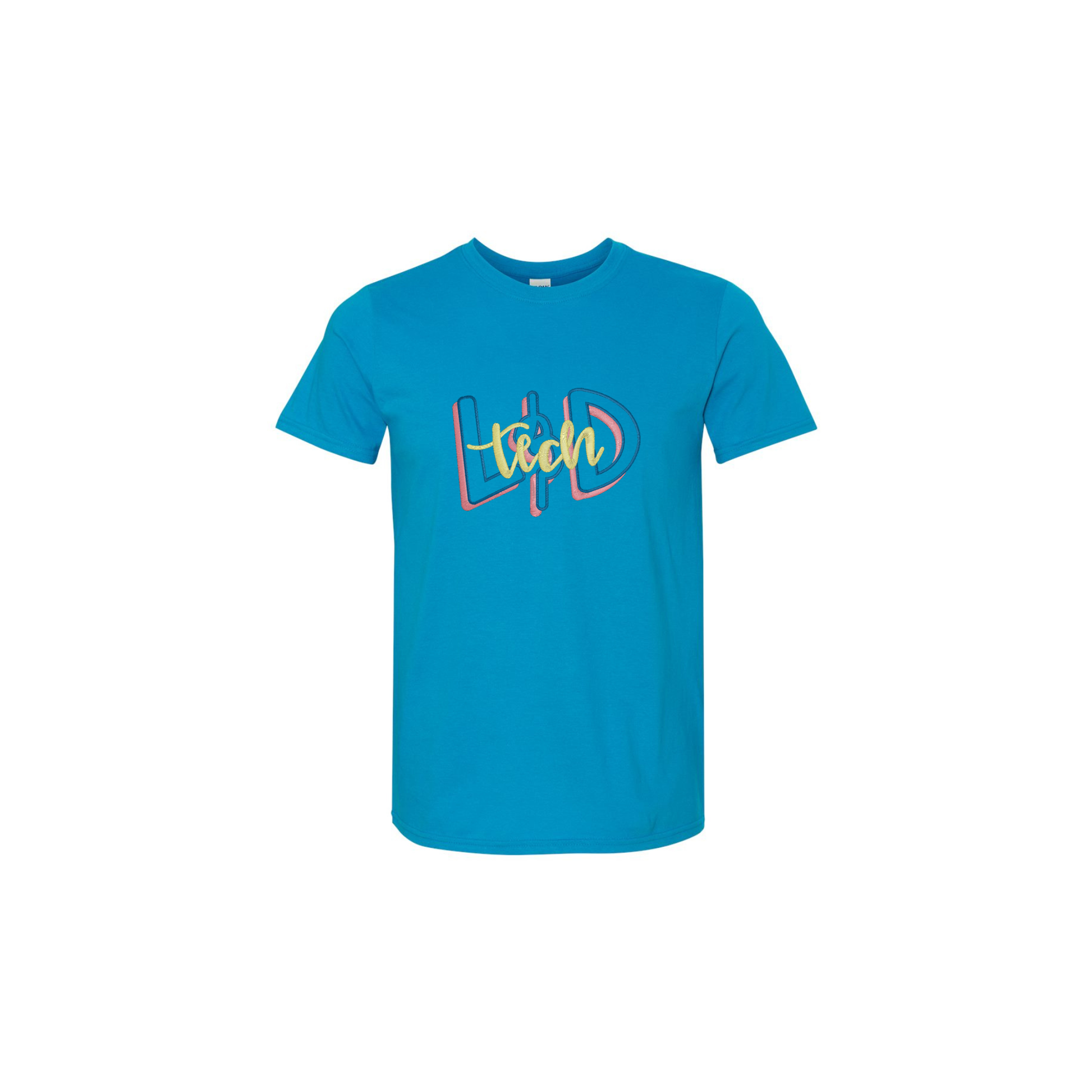 Blue t-shirt with colorful L&D Tech design on a white background