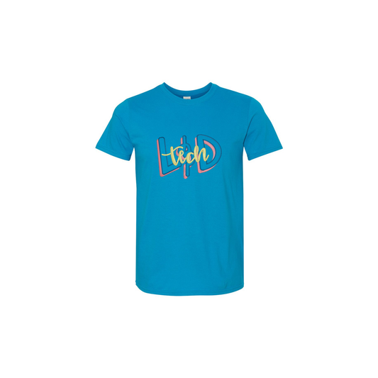 Blue t-shirt with colorful L&D Tech design on a white background