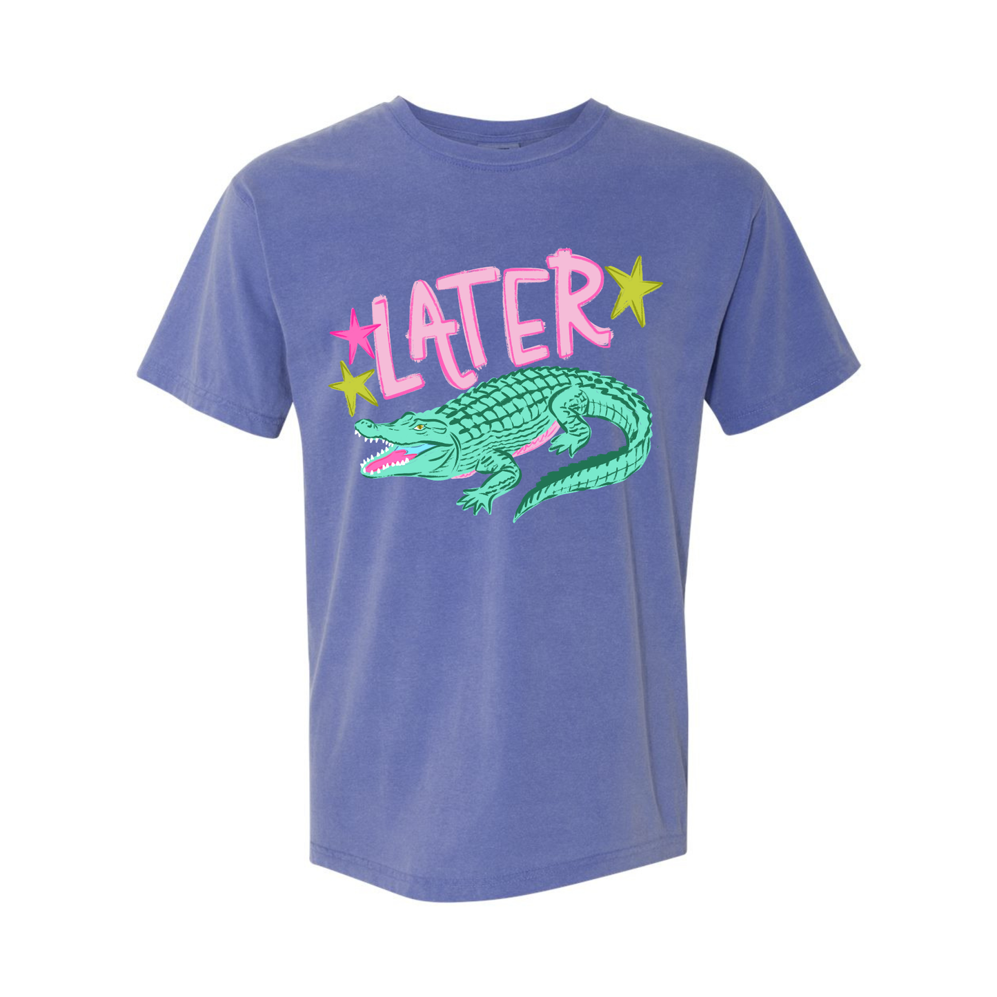 Printed blue shirt Later with a picture of an alligator