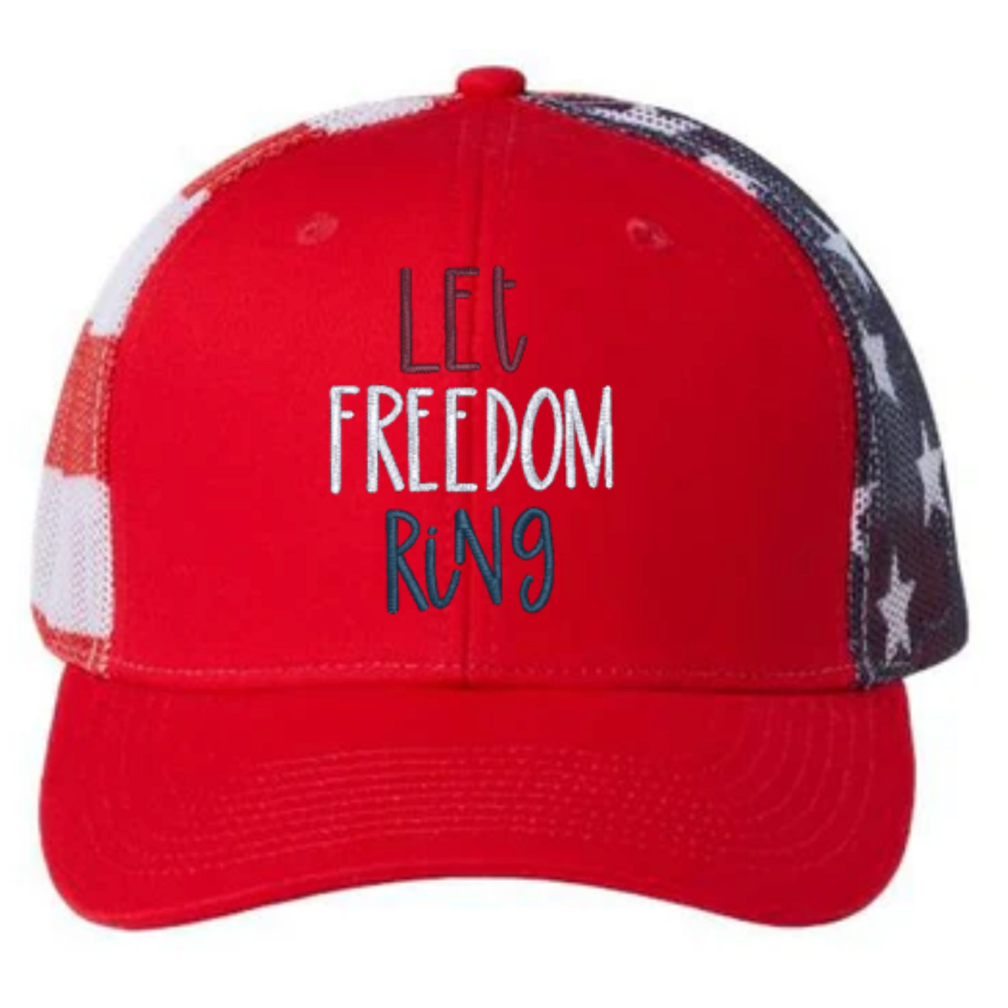 Red cap with 'Let Freedom Ring' text on a white background
