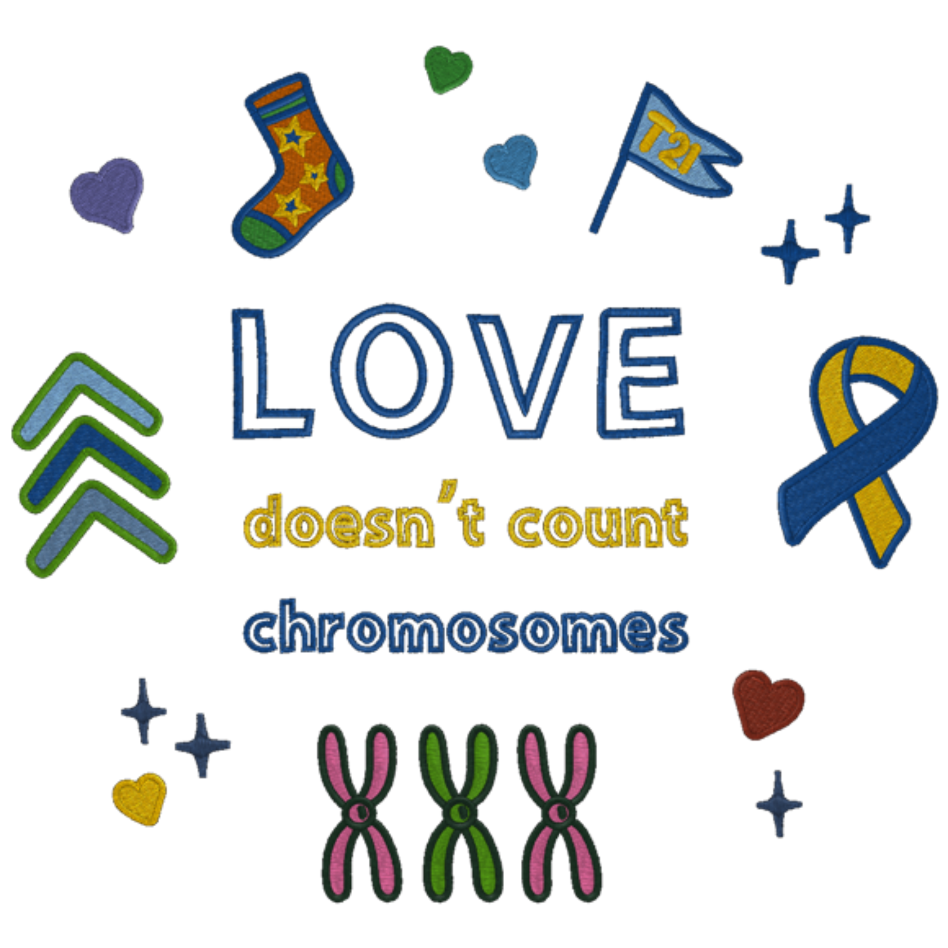 Colorful illustration with text 'LOVE doesn't count chromosomes' surrounded by symbols and designs.