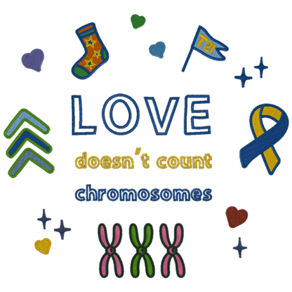 Colorful illustration with text 'LOVE doesn't count chromosomes' surrounded by symbols and designs.