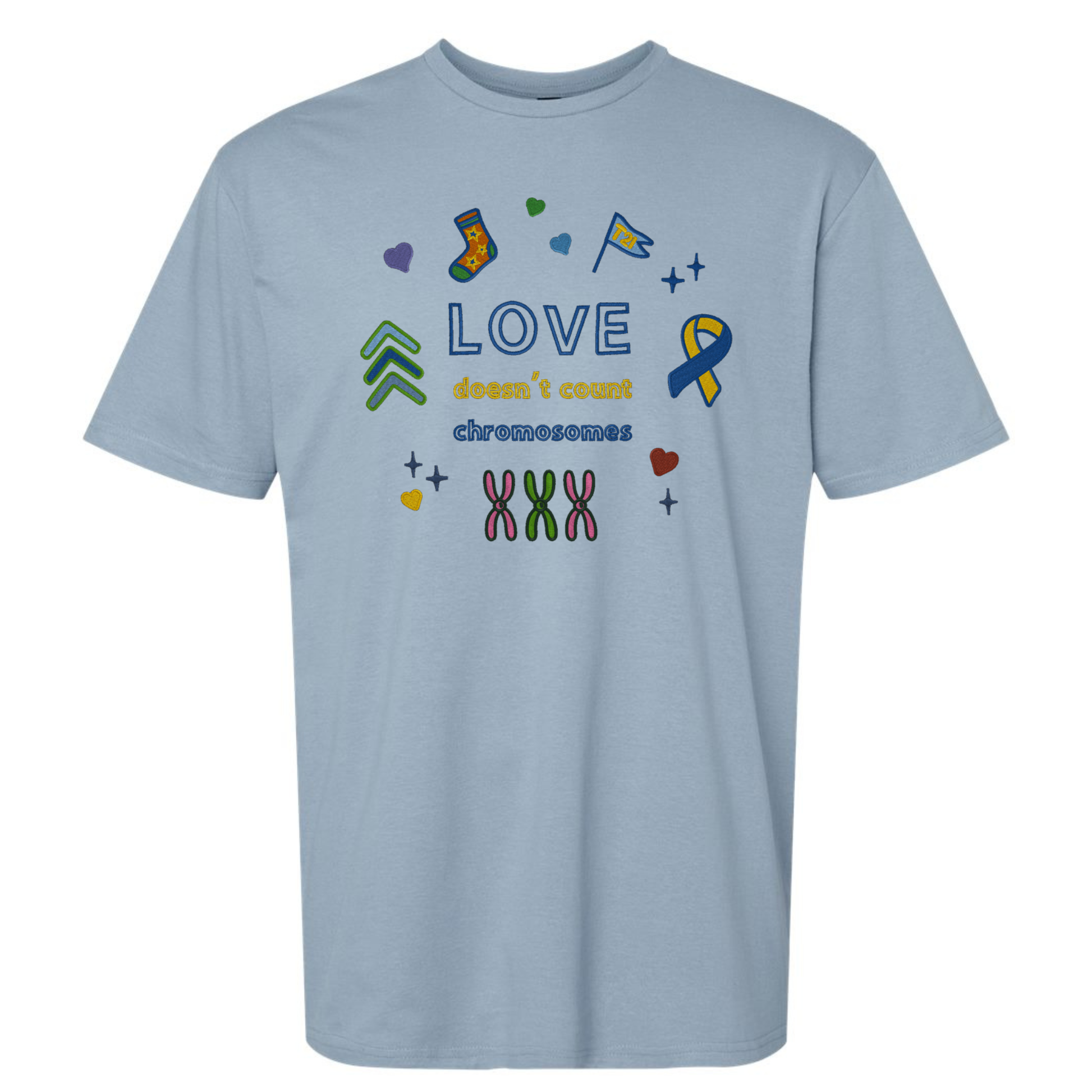 Light blue t-shirt with colorful graphics and text on a white background