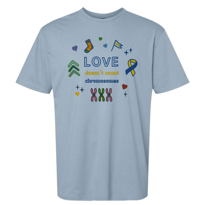 Light blue t-shirt with colorful graphics and text on a white background