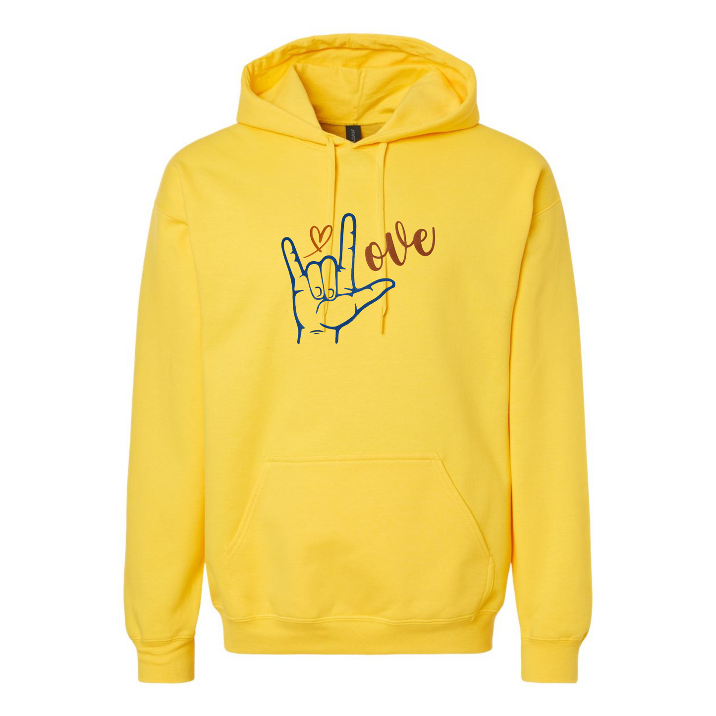 Yellow hoodie with 'I love you' sign language design on a white background
