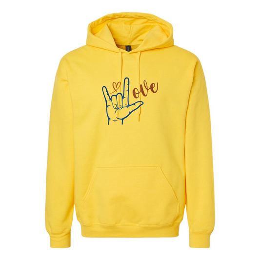Yellow hoodie with 'I love you' sign language design on a white background