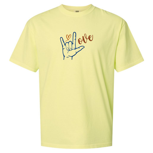Yellow t-shirt with a hand sign for 'love' graphic on a white background