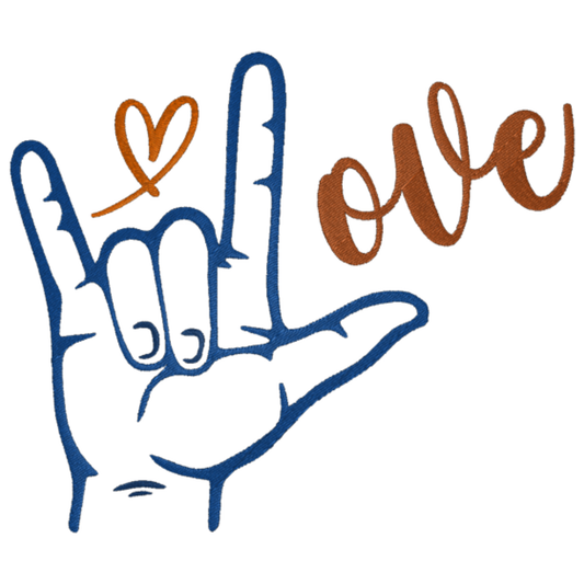 Hand making a sign with 'love' spelled out next to it on a white background