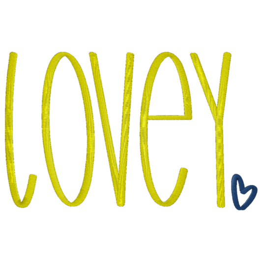 Yellow embroidered text 'LOVEY' with a blue heart on a white background